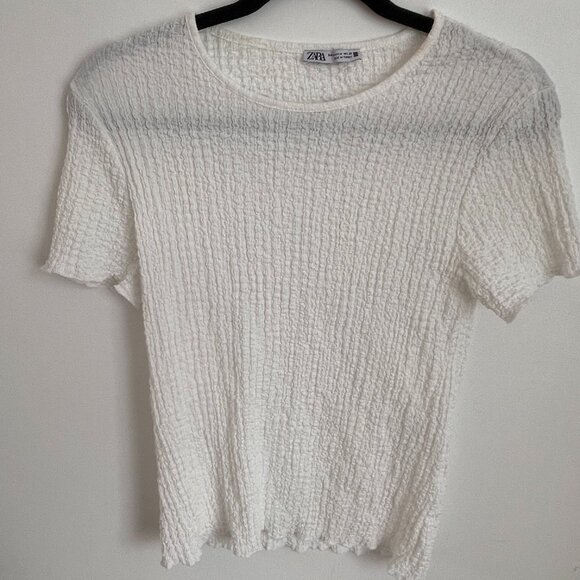 Zara White Textured Short Sleeve Tee (M) White - Picture 1 of 3